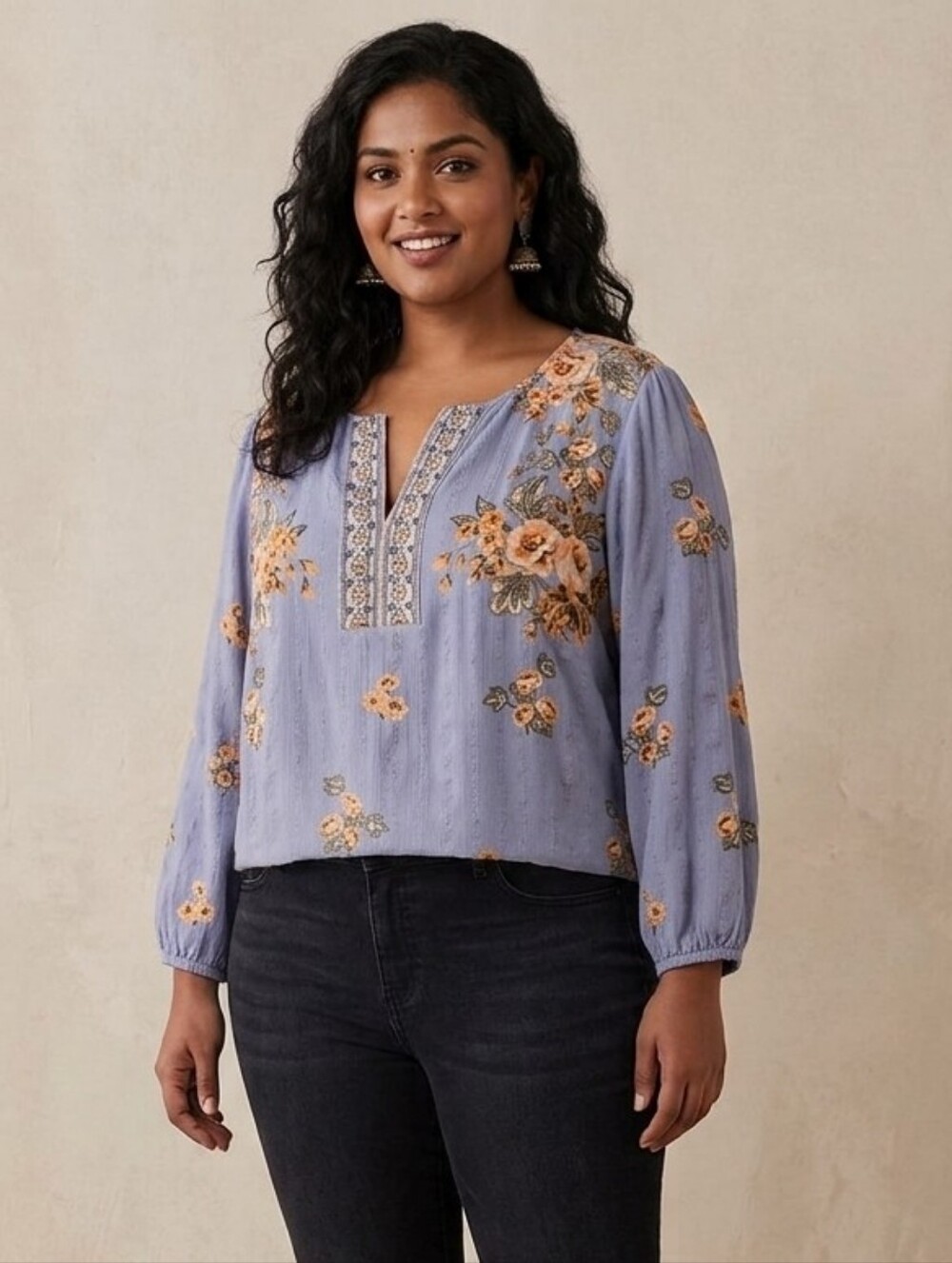 Daniel Rainn Blue Floral Embroidered V-Neck Tunic 1X*